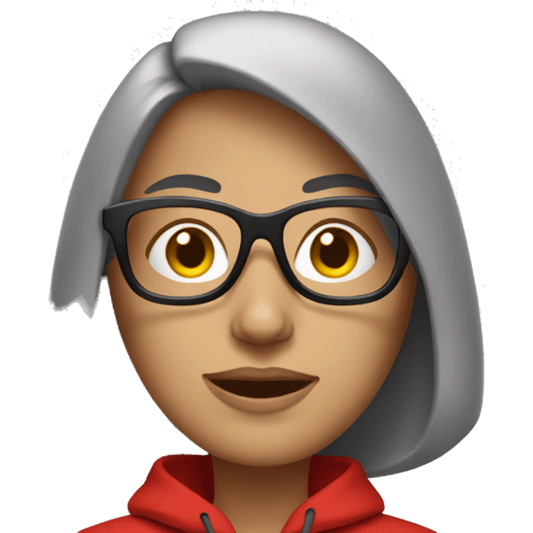 woman in a red hoodie that covers most of her face, wearing glasses emoji