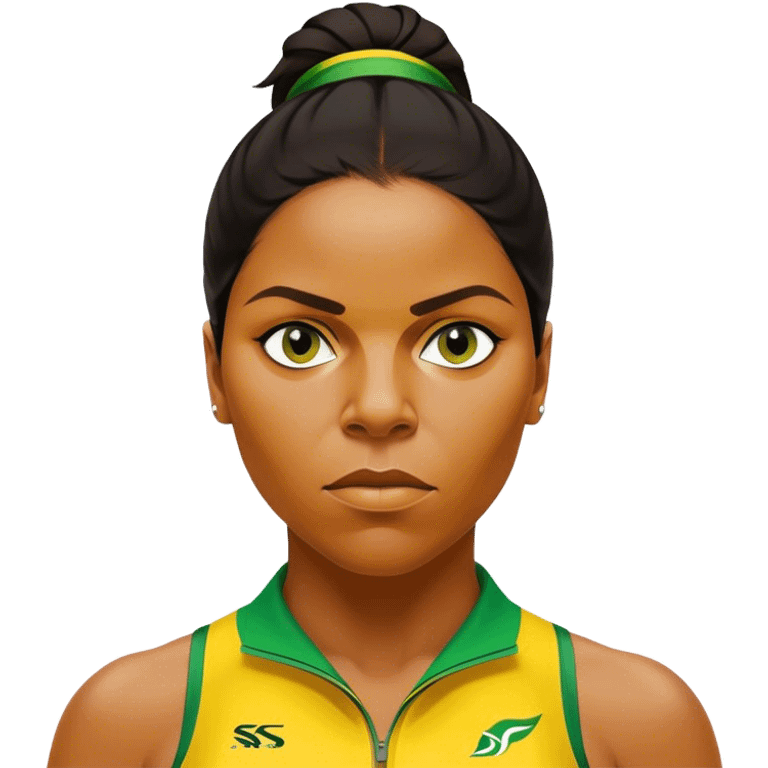 Cinematic Realistic portrait of Cathy Freeman, shown as an iconic Australian sprinter with a focused, determined expression and modern athletic yellow and green attire accented with subtle native motifs, rendered in dynamic, vibrant lighting emoji