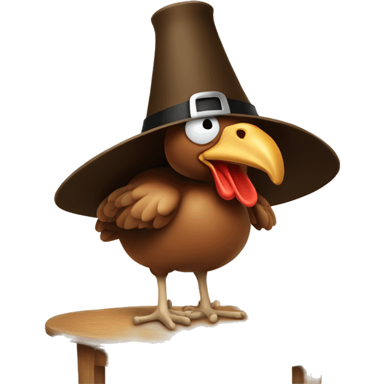 Turkey with pilgrim hat under sitting on top of table with pilgrims emoji