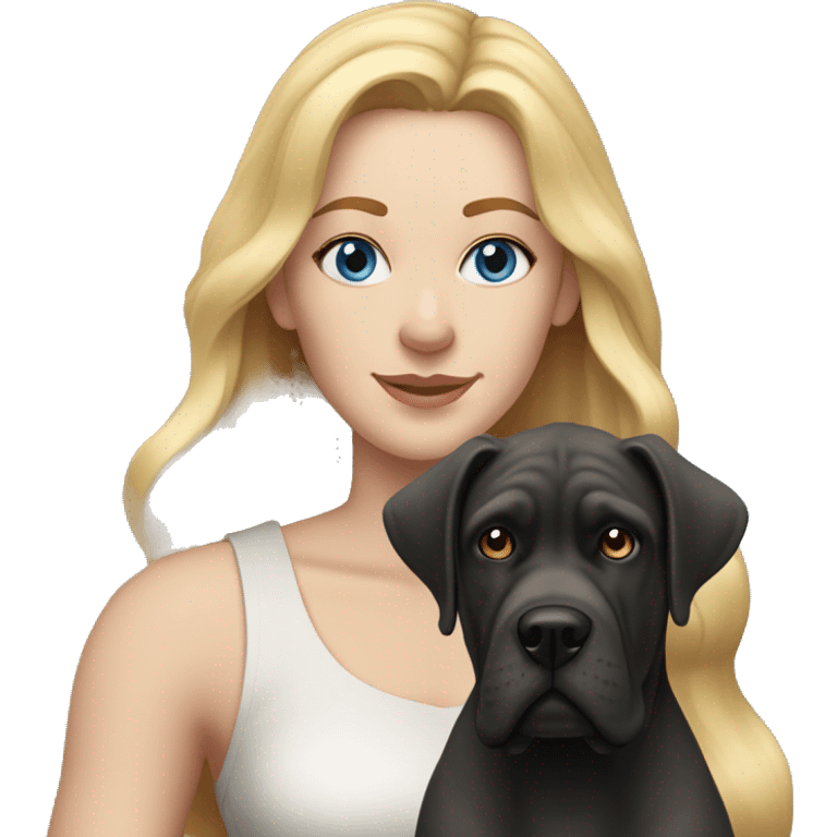 white woman with freckles, blue eyes and long blonde hair alongside a cane-corso dog  emoji