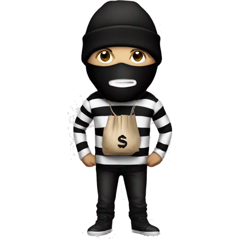 Robber, black and white striped shirt, black mask, money bag, black beanie emoji