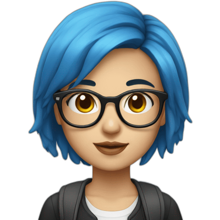 school girl with blue hair, square black frame glasses emoji