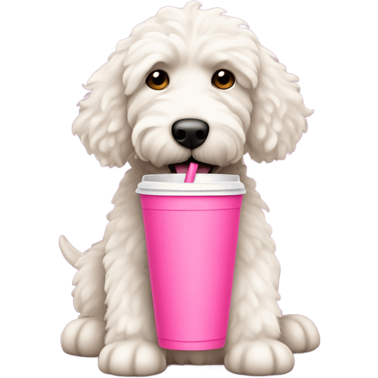 White labradoodle with pink drinking cup with handle and straw emoji