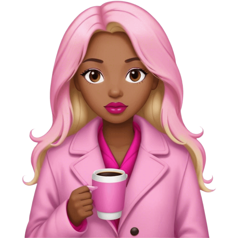 A black woman with a coat pink a pijama pink, long blond Hair, coffe eyes, red lips  emoji