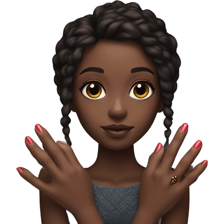 porcelain skinned girl, brunette, brown eyed, with red square manicure holds black panther in her hands emoji