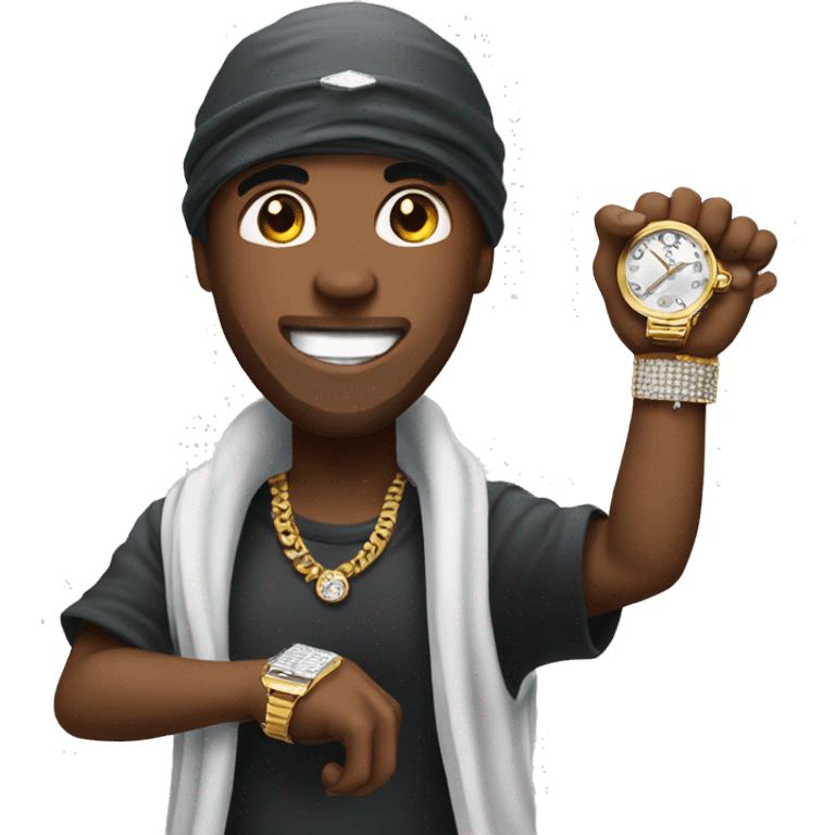 Emoji with grillz and durag showing his wrist with an diamond watch emoji