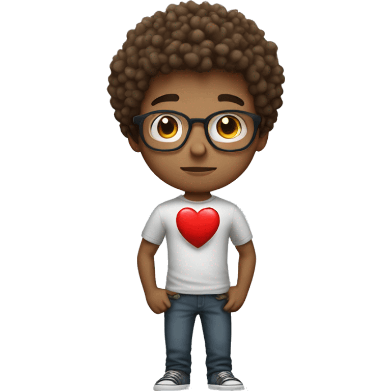 Upper body of a curly boy, with light skin, brown hair, light brown eyes and round gray glasses, holding a very big red heart with difficulty  emoji