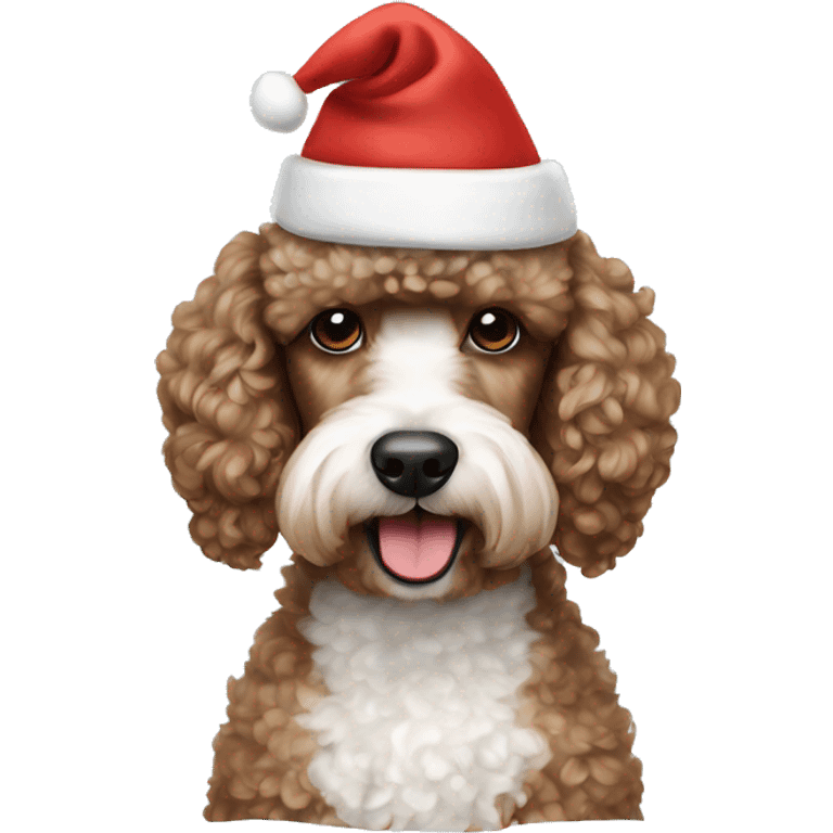 Brown and white Poodle wearing a Santa hat emoji