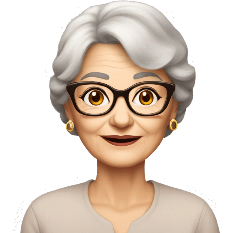 80 years old girl
Short brown hair with bob styling
light skin small
glasses with refined frame
Brown eyes with cat eye liner emoji