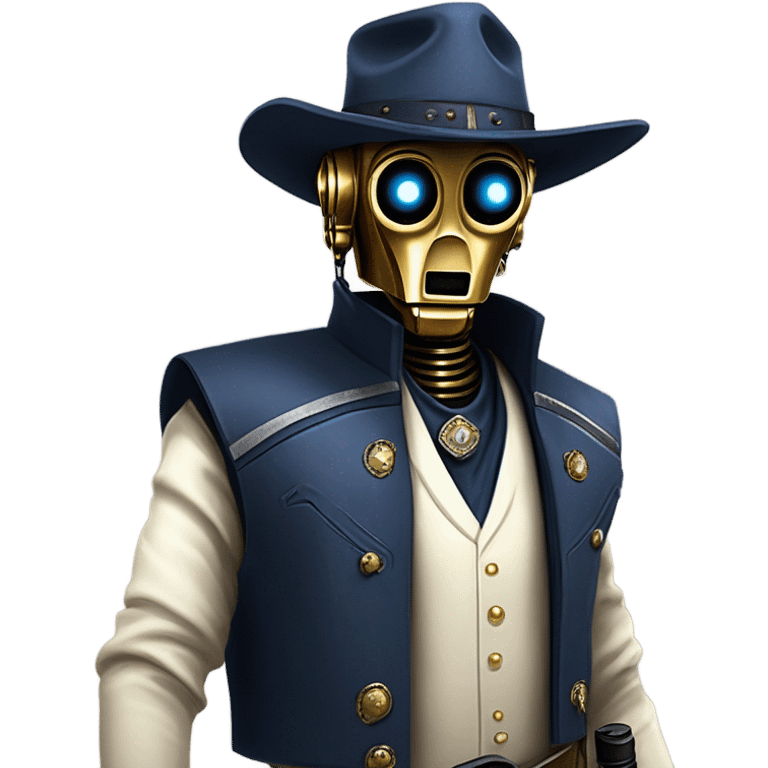 frantic bounty hunter tarnished undercover tough well-equipped Jedi life-sized darkblue-pearl C3po leather vest clothing pants and vest old west duster coat holding light saber sheriff holstered gun hat floating emoji