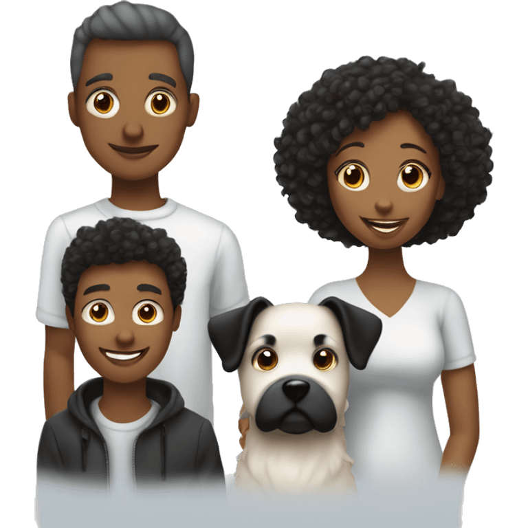 can you show me a cartoon drawing of a family mom and dad with 1 teen boy and 1 teen girl 1 small white dog and 1 small black dog for a christmas card emoji