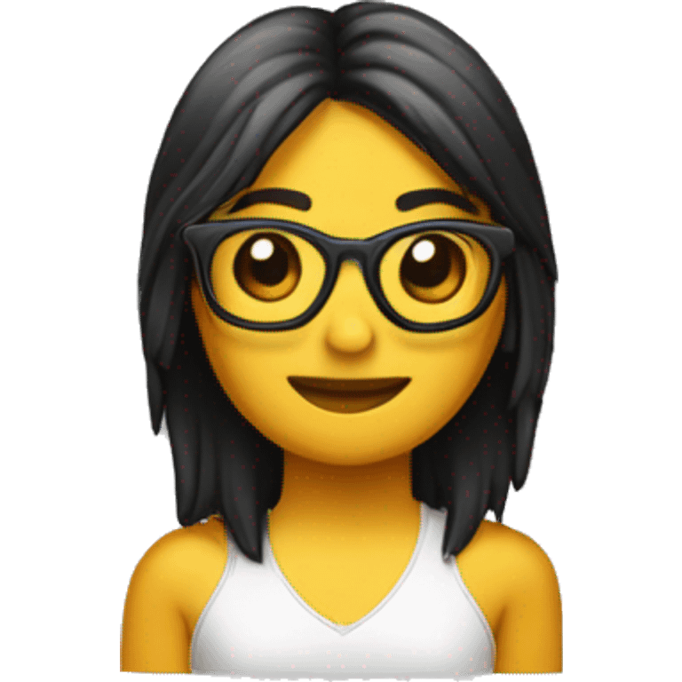 chica peliroja con pelo largo a la altura de los hombros y suelto,gafas negras y ordenador  emoji