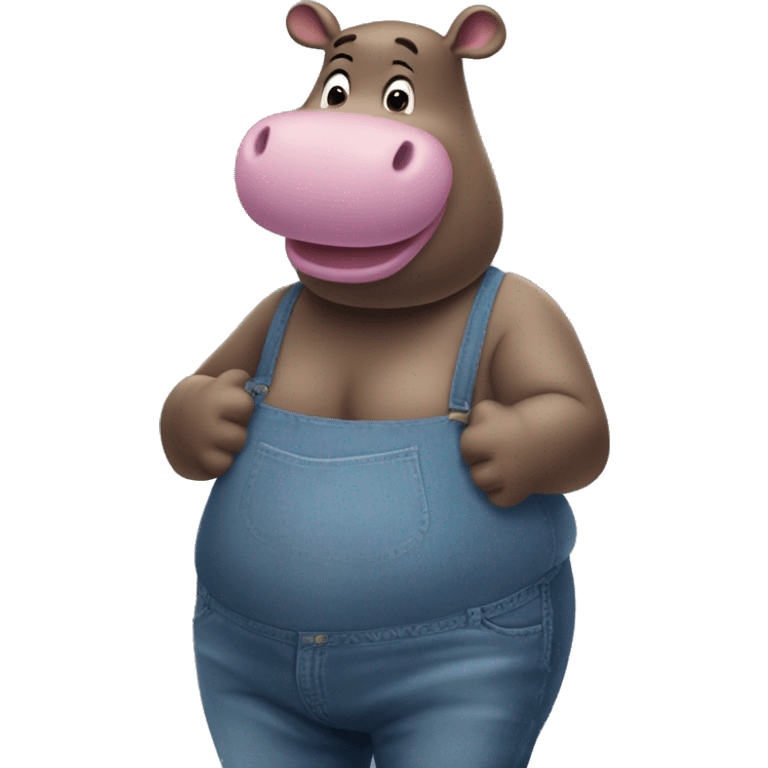 Gloria the Hippo shown in an inflated, massive-shaped form.  Her Blue Shirt and blue jeans that appear tight due to her inflated shape. her head and arms are visible above her ballooned body. her arms are holding her body, Madagascar screencap emoji