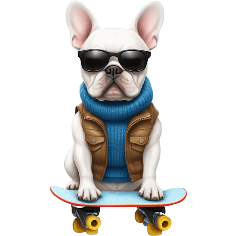 Pied french bulldog with sunglasses sweater vest and snow board emoji