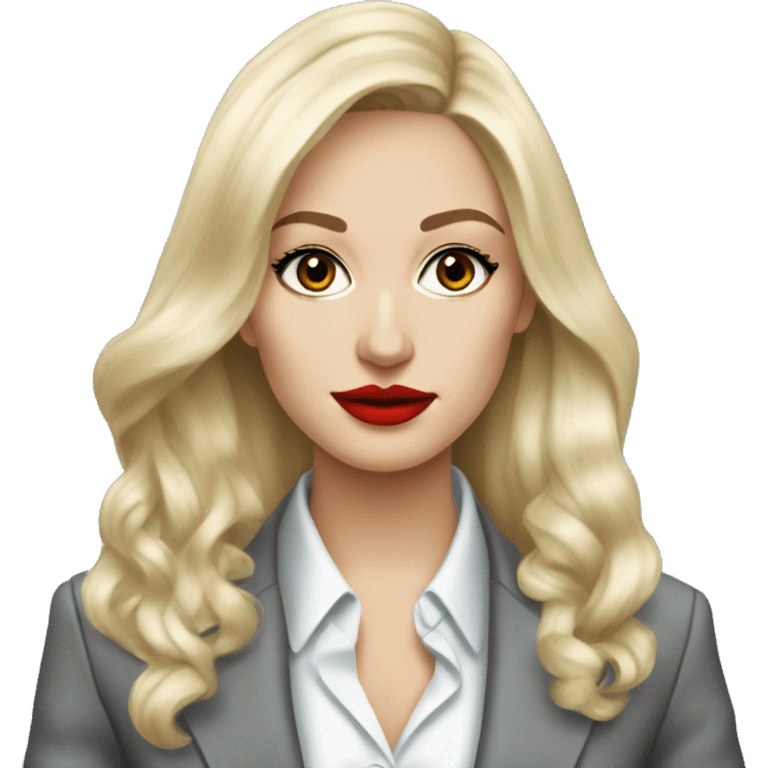 Russian Blonde long hair with red lips small nose and black eyes Tiffany diamond seller in a grey suit emoji