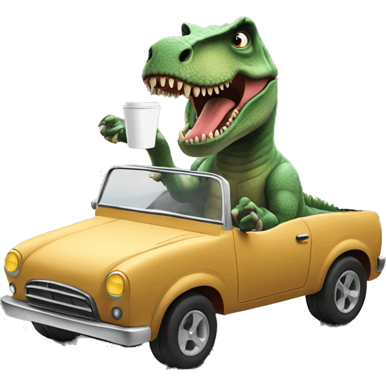 T-Rex in a car holding a coffee emoji