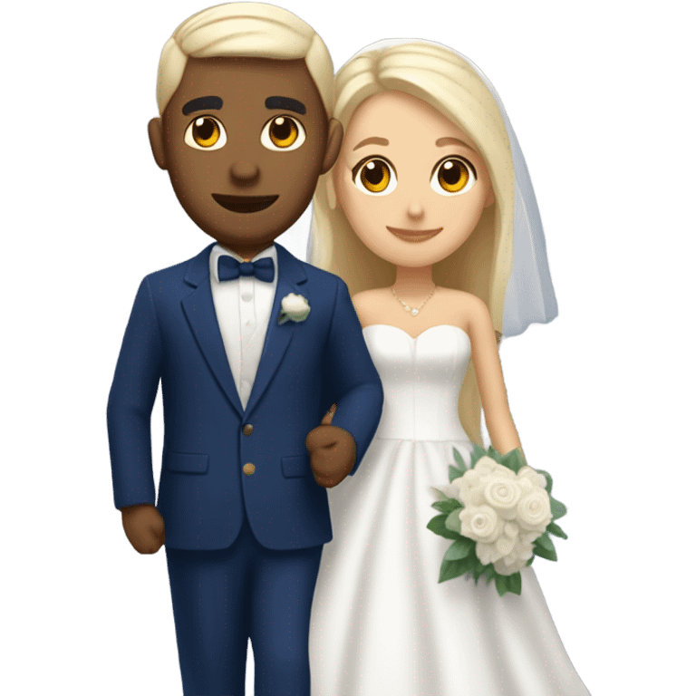 Puerto rican beard short hair with blue hat and navy blue suit getting Married with blond long hair girl with white  wedding dress  emoji