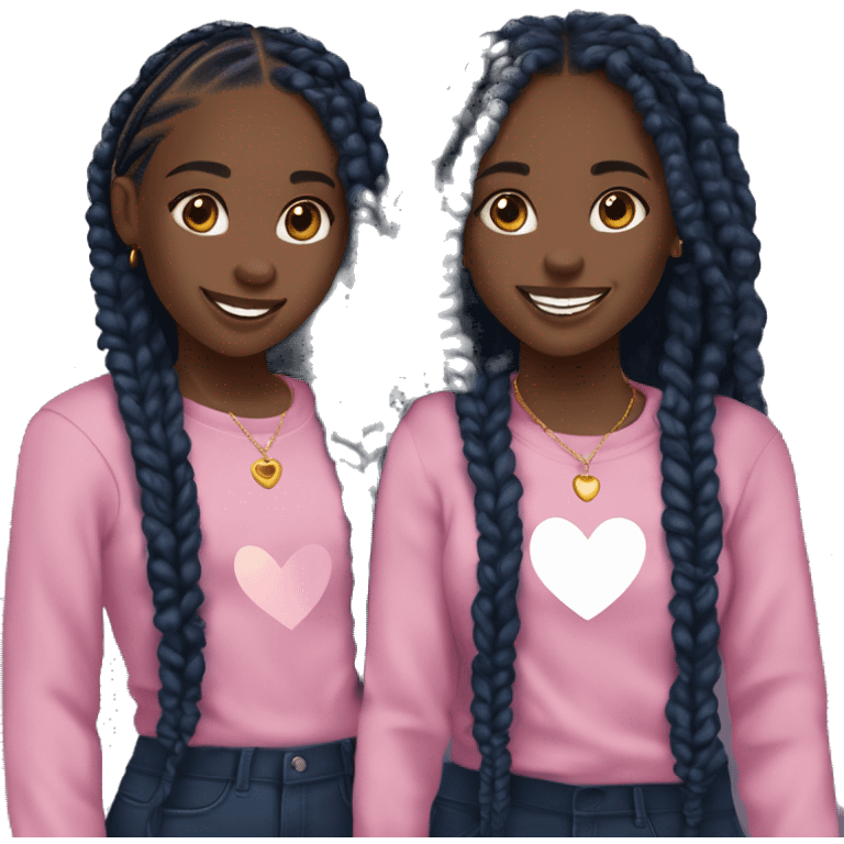 two black teenage twin girls (dark) (Both have the same skin tone) with black box braids that have curly ends and with navy blue tops and gold earrings and gold cross necklaces and they are smiling and a love heart that is pink is hovering beteern them emoji