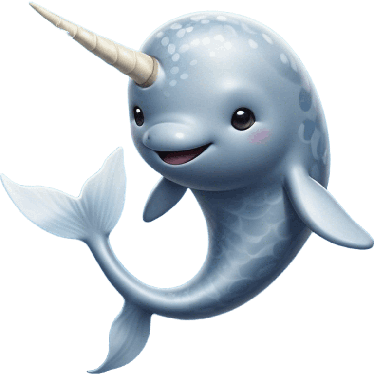 Cinematic Noble Cute Narwhal Portrait Emoji, Poised and graceful, with a streamlined, gently curved body clad in mottled, silvery-gray skin, accented by a long, spiraled ivory tusk and wide, expressive eyes radiating playful intelligence, Simplified yet sharp and sophisticated features, highly detailed, glowing with a cool, frosted ocean glow, high shine, intelligent and enigmatic, stylized with an air of whimsical marine majesty, focused and graceful, soft glowing outline, capturing the essence of a watchful and confident cute narwhal that appears ready to glide out of the screen with effortless charm! emoji