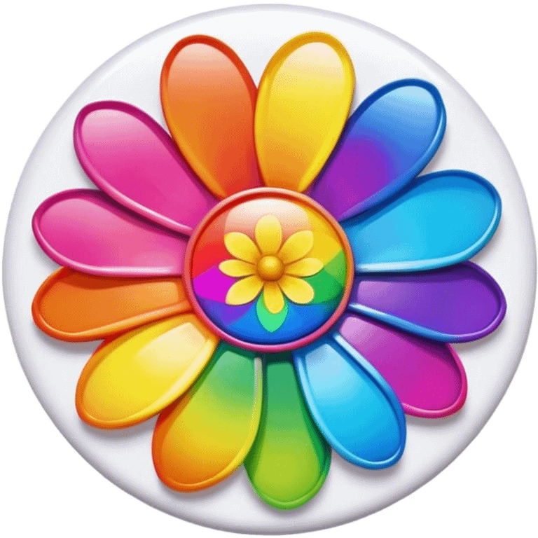 A round psychedelic colored button with bezeled edges and a rainbow colored flower in the center emoji