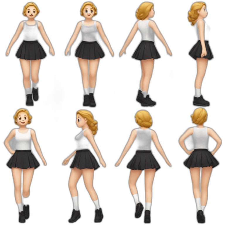 alistic-full-body-caucasian-curvy-beauty-jumping-short black-skirt-back-and-front-views-strong-wind-knickers-long-white-socks emoji