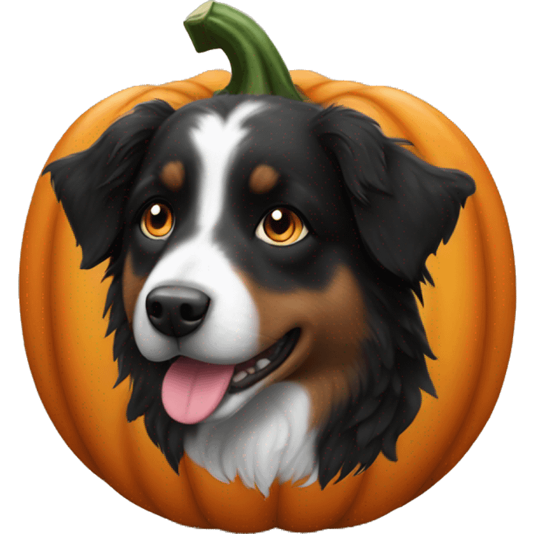 Small black australian shepherd dog in a pumpkin emoji