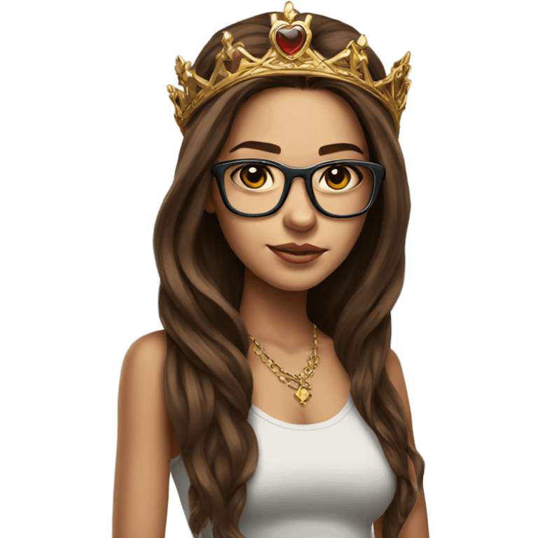 Hyperrealistic girl with long brown hair wearing a crown and glasses tattoos laptop emoji