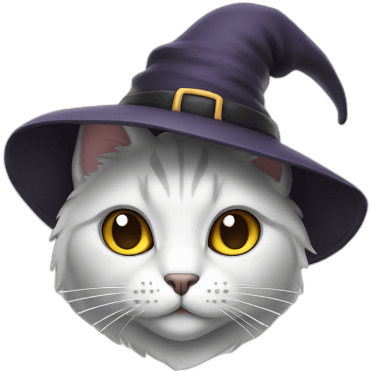 white and grey cat wearing a witch hat emoji