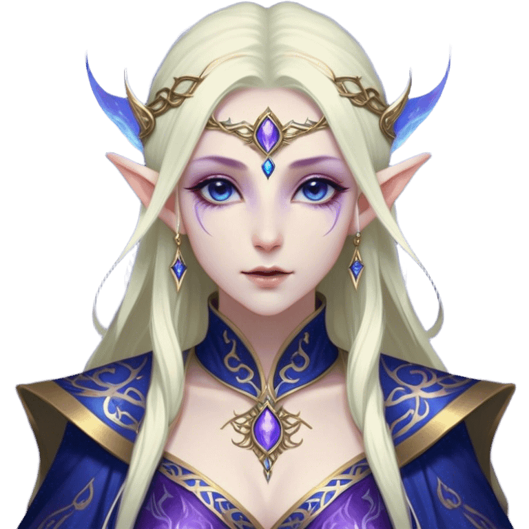 Cinematic Realistic WoW Elf Mage Portrait, depicted with ethereal, otherworldly beauty and refined arcane mastery. Clad in an intricately detailed robe in consistent deep blues and purples accented with shimmering gold filigree, her luminous, porcelain-like skin and delicate features evoke timeless elegance. Her piercing, mystical eyes radiate ancient wisdom, rendered with lifelike texture and subtle, magical lighting, high shine, noble and majestic, capturing the essence of a legendary elven sorceress. emoji