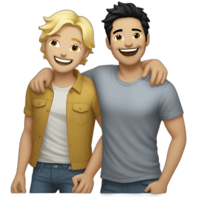 Gay male couple, 1 Latino black hair the other one Australian blonde hair with a cat in the middle laughing full body emoji