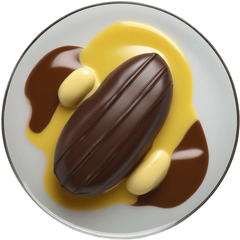 Chocolate and vanilla quenelle on glass plate with 3 drops of yellow sauce emoji