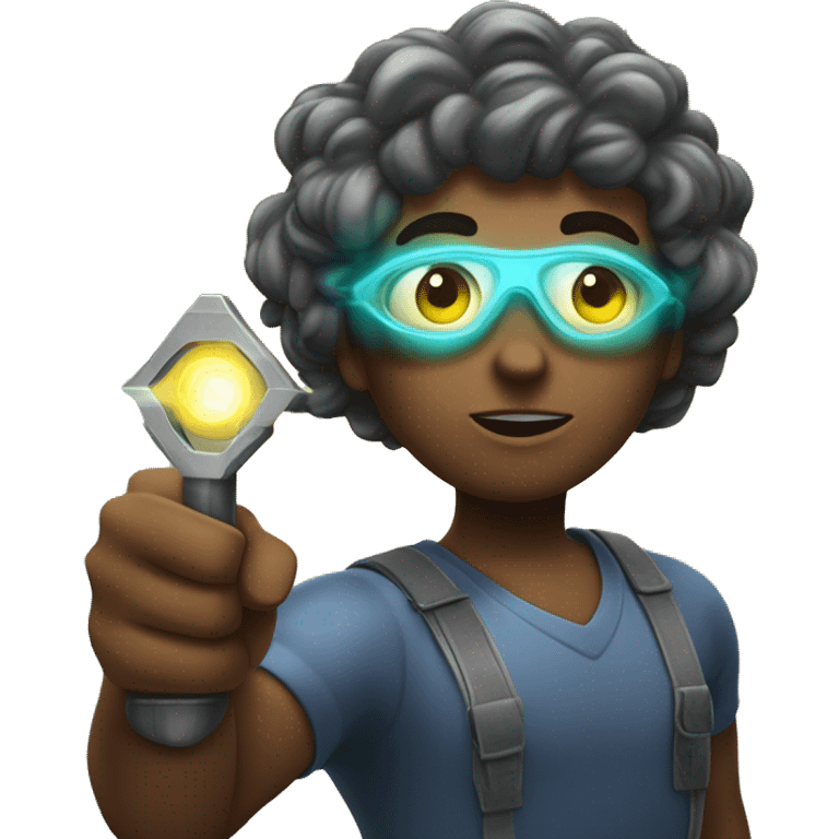 strong, focused figure with glowing eyes, holding a tool and pointing forward, surrounded by energy lines and a bright horizon symbolizing vision and success. emoji