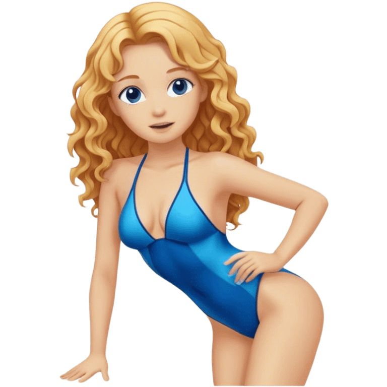 hot woman in blue swimming suit blond skin copper long semi  curly  hair full body  emoji