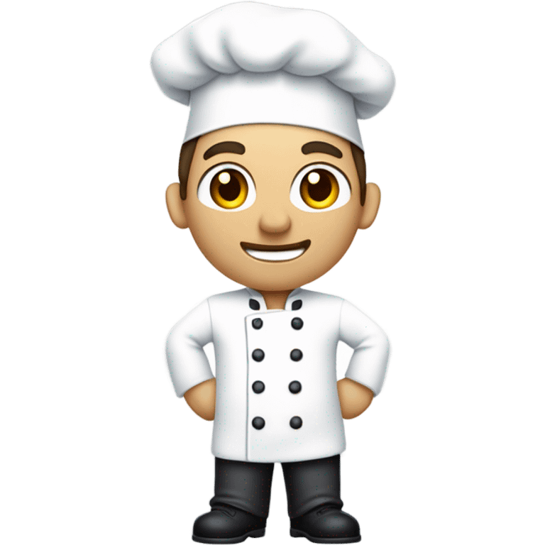 Full shot of a cartoon chef.

The chef is a light yellowish-tan color, with dark brown hair, and light blue eyes. He's wearing a white chef's jacket with dark-colored (black or dark gray) trousers, and dark-colored shoes. The chef's jacket has visible, evenly spaced, small round buttons. There is a small, featureless, light tan or beige colored patch on the jacket's right shoulder. A white chef's hat sits atop his head. His expression is neutral, but friendly, with a slight smile visible. His hands are positioned with his arms bent at the elbows and hands resting on his waist.

 emoji