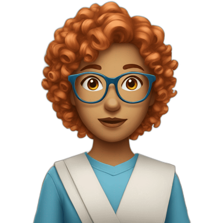 pretty girl with curly copper hair and blue glasses holding a big banner emoji