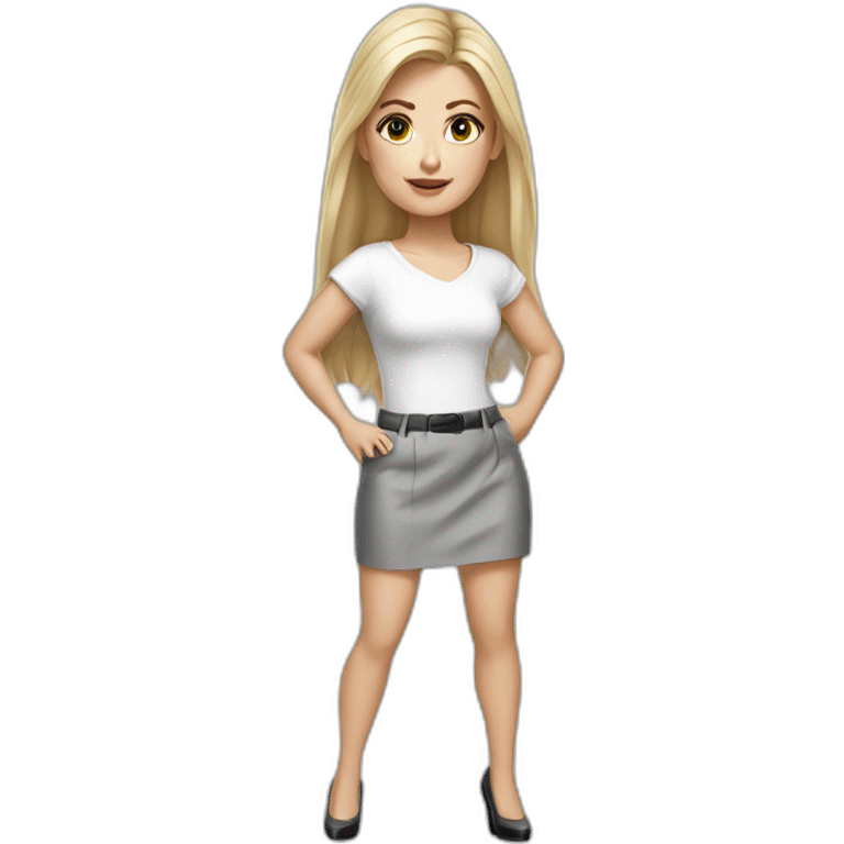 hyperrealistic caucasian long blonde brown eyes woman white top gray tight mini skirt black high heels emoji