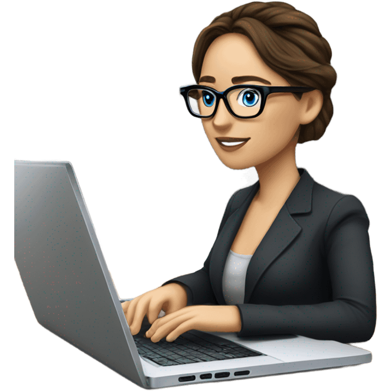 Realistic Photo of Brunette Jennifer Lawrence wearing black glasses and blue eyes talking on their laptop  emoji