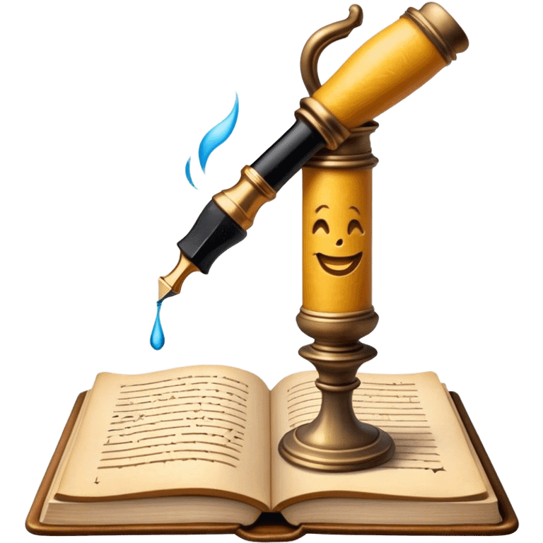 Create a vibrant emoji representing prose writing with an old-style, antique look. The design should include semi-turned pages of an old book with unfinished prose written on them. Add a vintage ink inkwell and a classic fountain pen or quill with black ink. The overall style should evoke a sense of timeless storytelling and literary craftsmanship. Make the background transparent. emoji