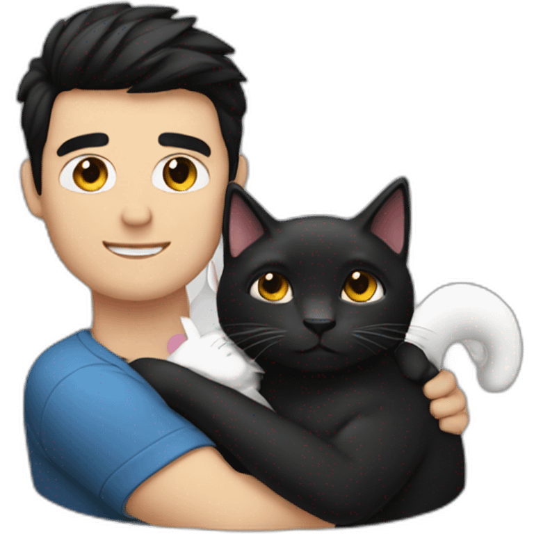 a man dark hair hug a white and black cat emoji