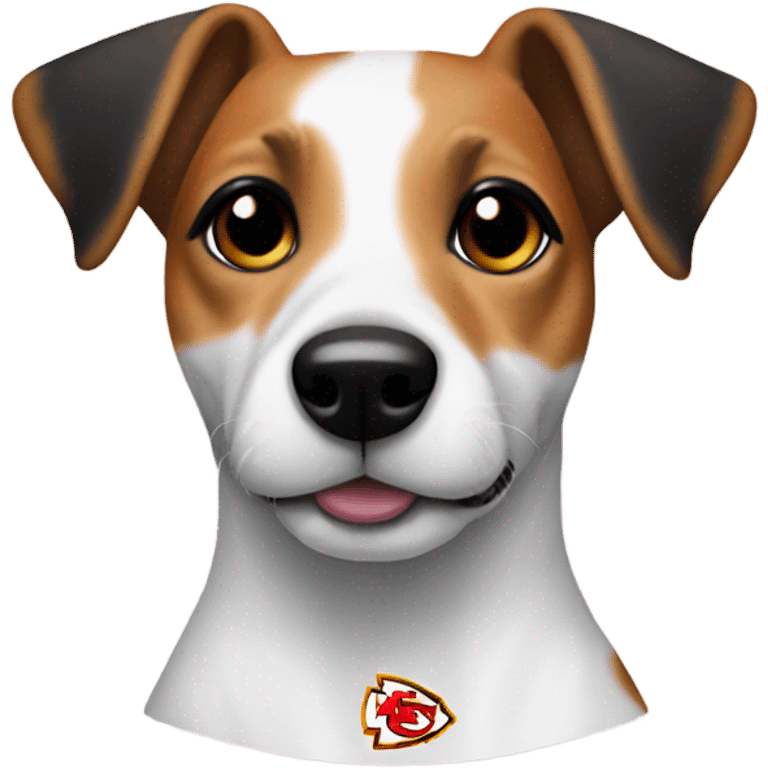 Jack Russell dog in Chiefs shirt with black ears  emoji