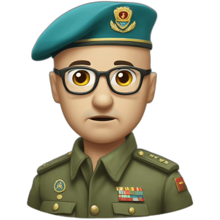 Realistic cyan beret bald very furious middle age general with glasses no hair furious very angry frown with khaki idf uniform emoji