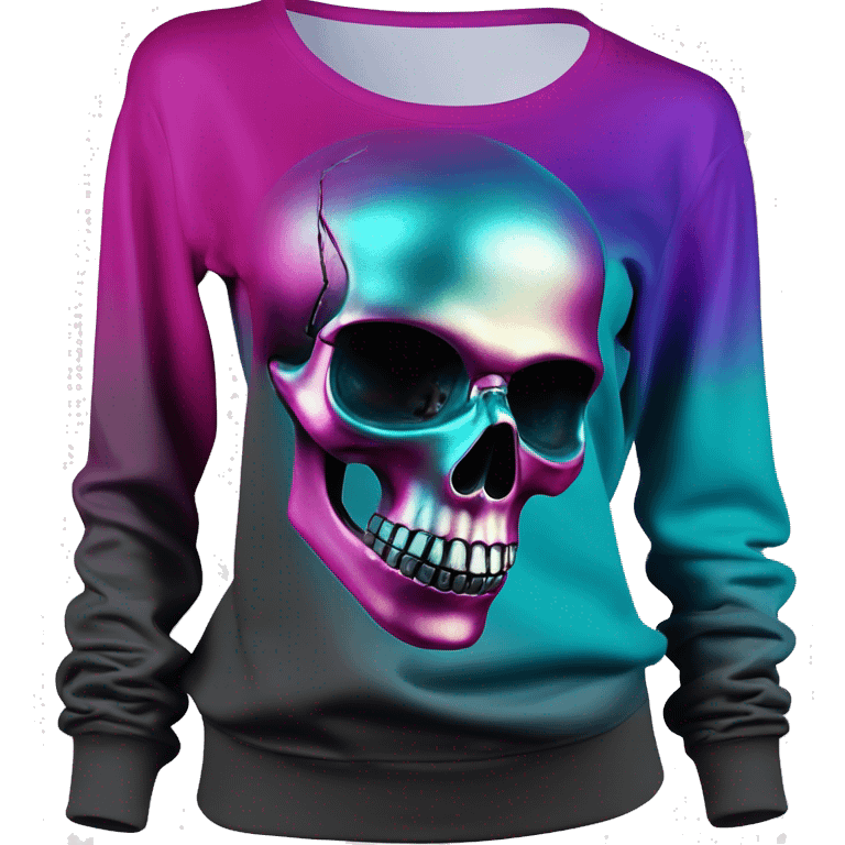 Realistic side view of a black to magenta ombre off the shoulder long sleeve sweat shirt with a metallic foil datk teal blue skull printed on the shirt. emoji