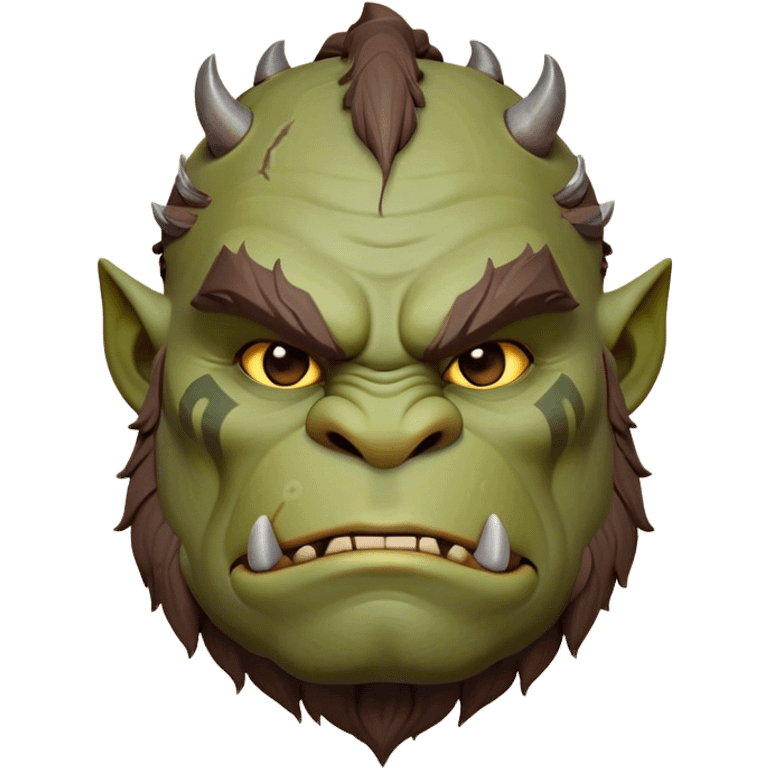 Cinematic Noble Ogre Portrait Emoji, Majestic and imposing, with a rugged, muscular form in deep earthy greens and browns, adorned with battle scars and subtle tribal markings, exuding calm, noble strength and unexpected wisdom, simplified yet strikingly detailed, glowing with a shadowy outline that captures the essence of a gentle giant with fierce heart! emoji