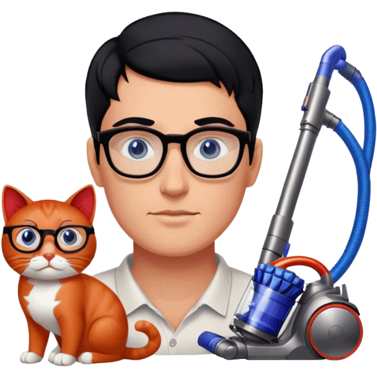 Man with black hair and blue eyes with glasses using Dyson gen5  with 2 red cats emoji