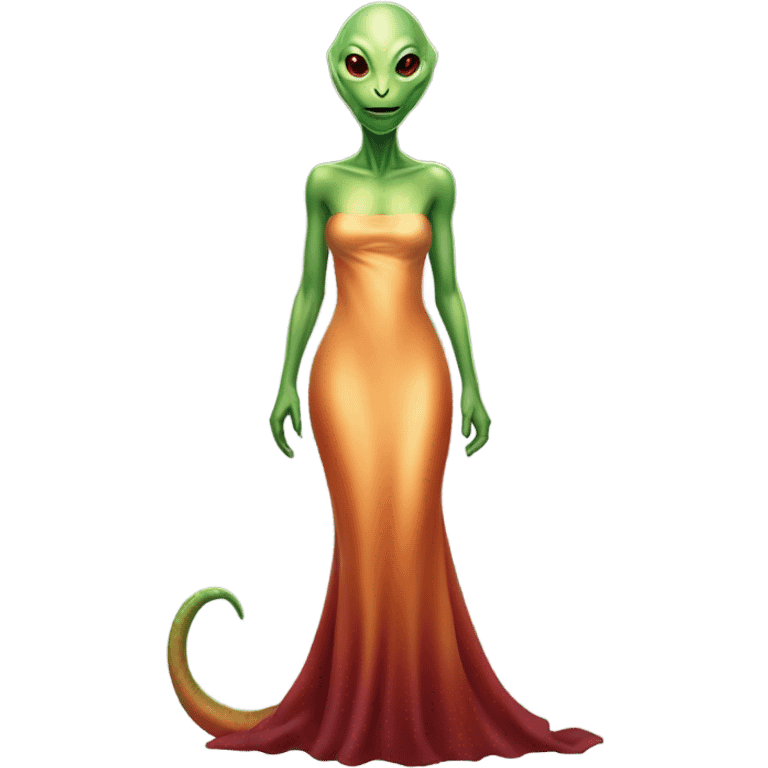 reptilian green alien woman, in long slim pastel orange formal party satin dress with gradient shiny sparkling dark red, full figure, full body emoji