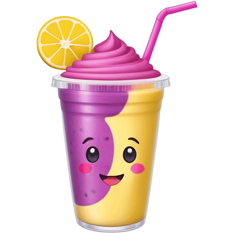 Cute Kawaii Smoothie Cup, filled with blended fruity goodness, a smiling face with excited eyes, bright colorful layers of pink, yellow, and purple, topped with a straw and tiny fruit slices! emoji