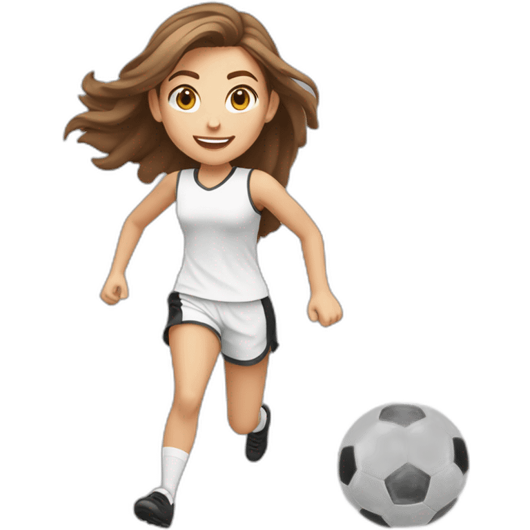 Caucasian girl with brown long hair running with a soccer ball wearing White short and black shorts emoji