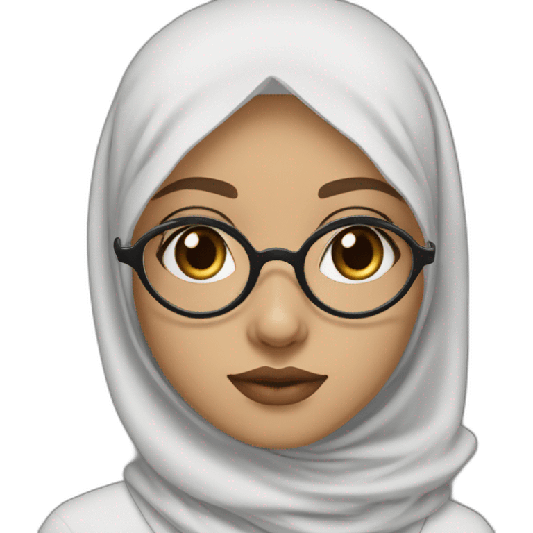 Hijab black color white fair skin girl brown eyes wearing round circular metal glasses, no make up, big cheeks, almond eyes, small lips, triangle nose emoji