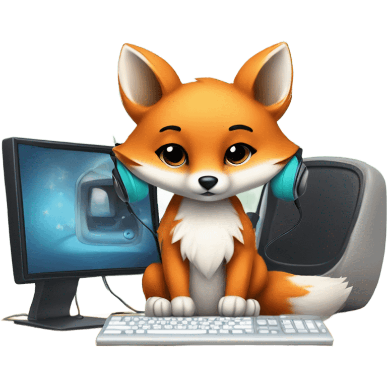 Detailled Baby kawaii fox with headphones on ears and keyboard computer emoji