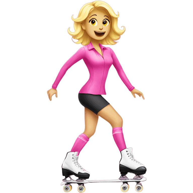 Blonde lady roller skating wearing pink emoji